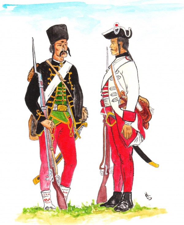 Hraničář pluku „Warasdin-Creuzer“ a pěšák pluku „Preysach“, oba pluky náležely v roce 1758 k olomoucké posádce. Kresba Haralda Skaly.